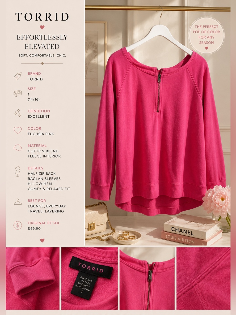 torrid Fuchsia Pink Half-Zip Raglan Pullover